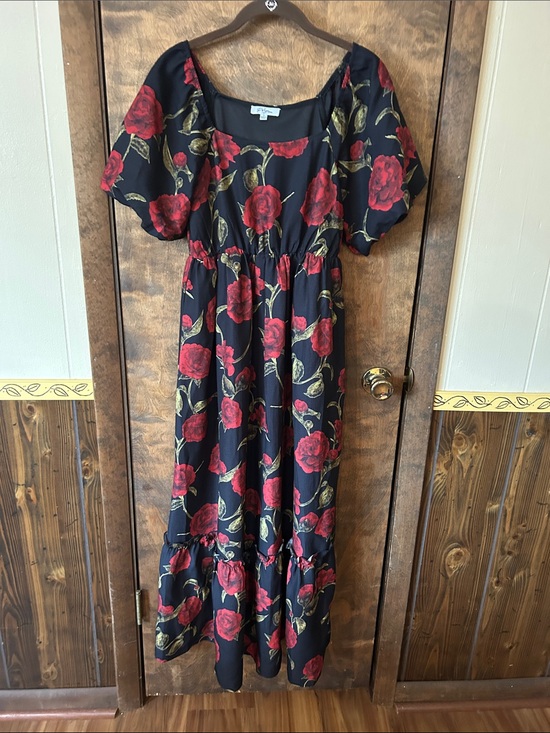 Polagram Dresses & Skirts - Polagram Black Maxi Dress with Red Rose and Green Leaf Print S